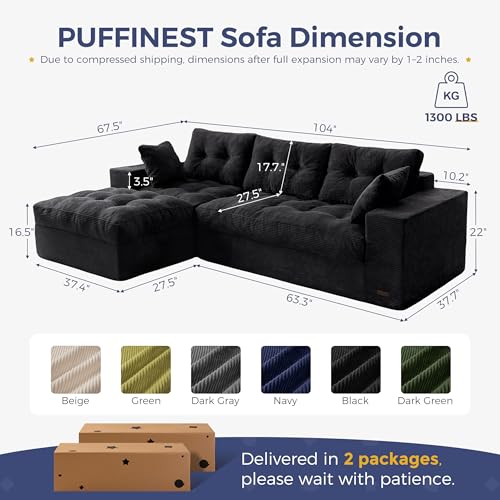 MAXYOYO Boneless Couch, 104-Inch L-Shaped Cloud Couch with Ottoman | Black Upholstered Sofa Features Layered Cushions and Flexible Modules with No Assembly, Ideal for Modern Living Rooms. - color: Black, size: 104" L Shape