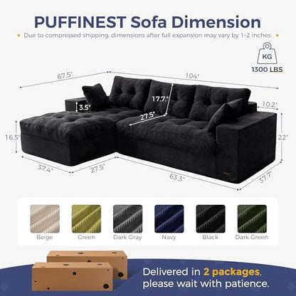 MAXYOYO Boneless Couch, 104-Inch L-Shaped Cloud Couch with Ottoman | Black Upholstered Sofa Features Layered Cushions and Flexible Modules with No Assembly, Ideal for Modern Living Rooms. - color: Black, size: 104" L Shape