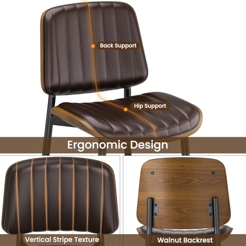 YaFiti Mid Century Dining Chairs with Walnut Bentwood, Set of 2, Brown | Ergonomic Walnut Backrest, Upholstered Waterproof PU Leather Seat, Stable Metal Legs, Adjustable Footpads, Apartment Friendly - color: Brown Pinstripe