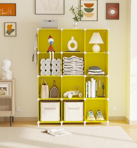AWTATOS Cube Storage Organizer Closet Organizers 12 Cube Storage Shelves | Protable Closet for Kids DIY Stackable Cube Shelves Bookshelf Clothes Organizer for Bedroom, Home, Yellow - color: Yellow
