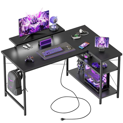 48 in Corner Desk with Monitor Stand, Small L Shaped Gaming Desk | Reversible Computer Desk with Power Outlets, LED Light & Storage Shelves, Office Table for Home Bedroom Study Work Writing - color: Black, size: 48 inch