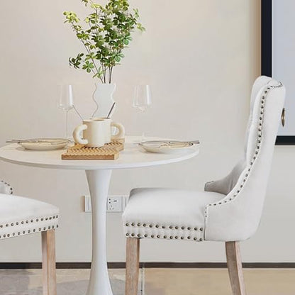 Linen Upholstered Dining Chairs Set of 6, Modern Style Kitchen Side Chairs with Nailhead Trim and Wood Leg, Metal Pulling Ring for Dining Room Living Room, Beige - color: Beige-linen, size: Set of 6