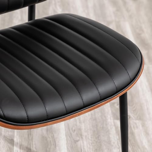 LUNLING Dining Chairs Set of 2 Mid Century Modern Retro Faux Leather Chair with Walnut Bentwood Upholstered Seat Metal Legs Chairs,Adjustable Foot for Kitchen Dining Room Chairs(Black) - color: Black, size: Set of 2