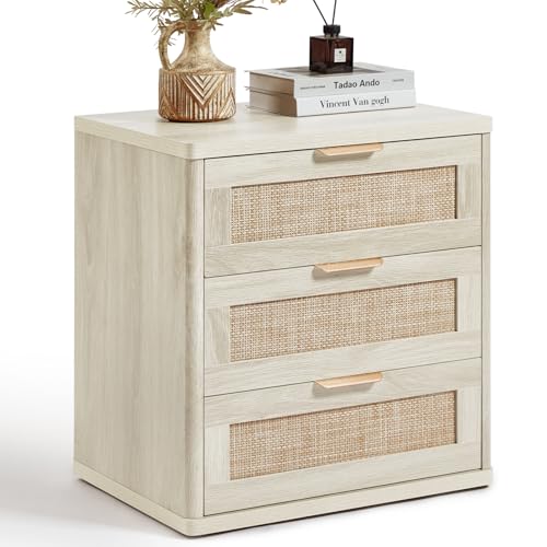 LEYAOYAO Rattan 23" Nightstands with Drawers for Bedroom | Gold Metal Handle, Storage Shelf, Grey White Night Stand, Boho Bedside Table, Bed Side End Tables Living Room, Hallway - color: Grey White, size: 3 Drawers
