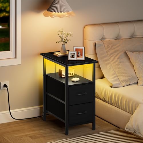 Set of 2 Black Nightstand with Charging Station and LED Lights, Narrow Side Table, LED Night Stand with 2 Fabric Drawers, Bedside Table Small End Table, Tall Nightstand for Bedroom, Black - color: Black, size: 2, style: With LEDs