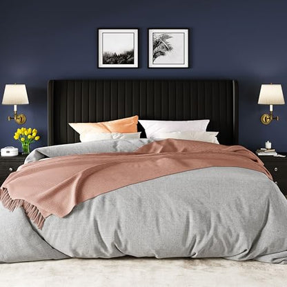 Allewie King Size Velvet Bed Frame/Vertical Channel Tufted Wingback Headboard/Upholstered Platform Bed/Strong Wooden Slats/No Box Spring Needed/Easy Assembly/Black - color: Black, size: King