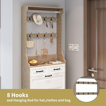 Resenko's Slim Shoe Storage Cabinet with 8 Hooks, Hidden Rack & 5 Drawers for Entryway, Hallway - color: White & Oak