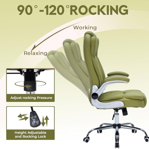 400lbs Executive Office Chair with Flip-Up Armrests, Big and Tall Computer Chair for Heavy People, Heavy Duty Ergonomic Comfy Chair, Breathable PU Leather (Green) - color: Green