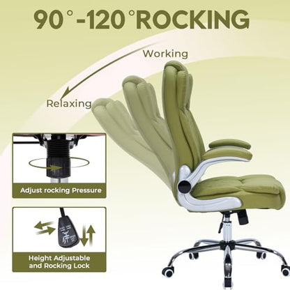 400lbs Executive Office Chair with Flip-Up Armrests, Big and Tall Computer Chair for Heavy People, Heavy Duty Ergonomic Comfy Chair, Breathable PU Leather (Green) - color: Green