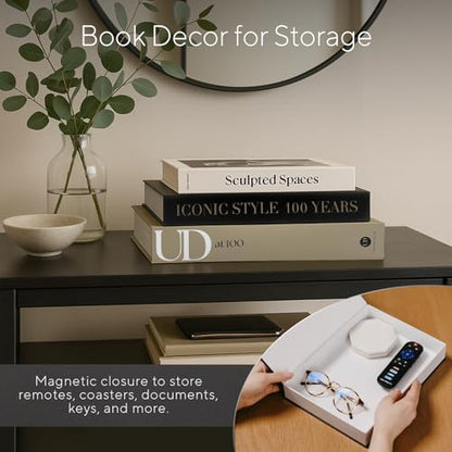 Designer Decorative Books Set of 3, Contemporary Faux Books with Storage | Large neutral hardcover book boxes with magnetic closure for coffee table, mantle, console or bookshelf styling mid century
