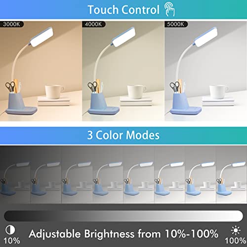 LED Desk Lamp with 10W Wireless Charging & Pen Holder, Blue | CRI 95, 800LM, Stepless Dimming, 3 Modes, 360°Flexible Arm, Touch, Study Table Lamp for Home Office, Dorm Room, with Adapter - color: Blue