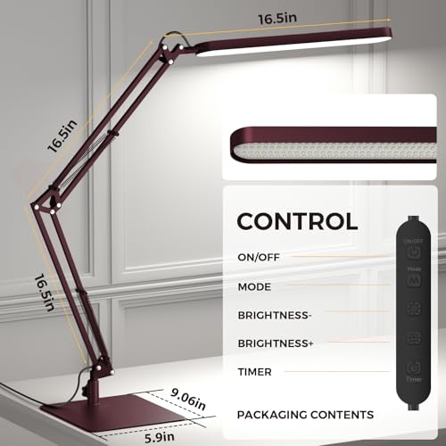 LED Desk Lamp with Slim Base - Adjustable Swing Arm Desk Light, Dimmable, Timer, Eye Protection, Memory Function, 1300LM, 12W, Red - style: Red swing arm with Base