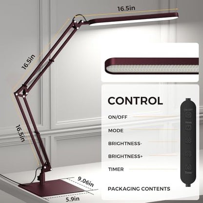 LED Desk Lamp with Slim Base - Adjustable Swing Arm Desk Light, Dimmable, Timer, Eye Protection, Memory Function, 1300LM, 12W, Red - style: Red swing arm with Base