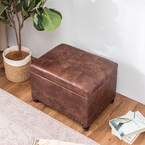 Leather Storage Ottoman, 24" Rectangle Tufted Square Upholstered Bench, Foot Rest Stool with Wood Legs, Footstool for Living Room Bedroom, Coffee - color: Coffee