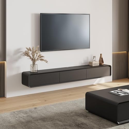 POVISON Fully-Assembled Minimalist Floating TV Stand, Modern Wall-Mounted Entertainment Center with 3 Flip-Down Cabinet Doors, Solid Wood Media Console, 70.87" - color: Black, size: 70.87"