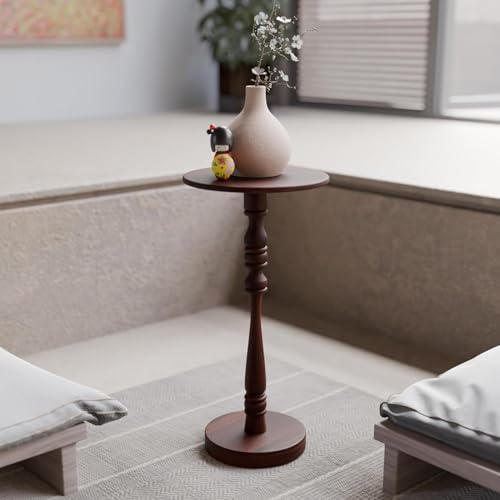 Relso Stambha Solid Wood Drink Table – 24" Tall Round Accent Side Table for Living Room or Bedroom, Narrow End Table or Indoor Plant Stand, Walnut Finish, Handcrafted Mango Wood Furniture - color: Stambha Walnut