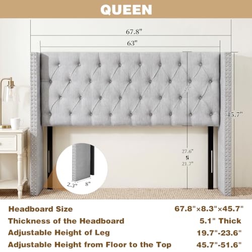Queen Size Linen Upholstered Headboard, for the Bedroom Grey | Adjustable-Height Tufted Channel Design Padded Head Board Wingback with Nailhead Trim Luxury Bed Headboard - color: Gray, size: Queen (U.S. Standard)
