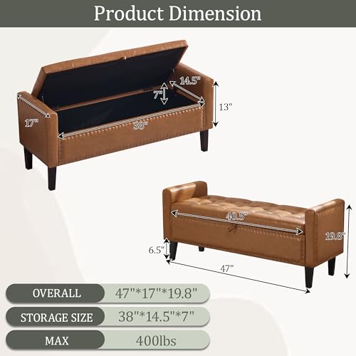 47'' Leather Storage Ottoman Bench, End of Bed Storage Bench with Wooden Legs, Upholstered Tufted Ottoman with Storage for Bedroom, Living Room, Entryway, Light Brown - color: Pu-light Brown