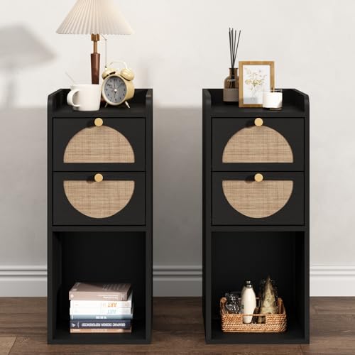 Narrow Nightstand Set of 2 (Rattan & Wood) - Small Bedside Table with 2 Drawers, Open Shelf, Mid Century Modern End Table - for Bedroom, Living Room & Small Spaces, Black - color: Black, size: 9.9"W (2 Pc)