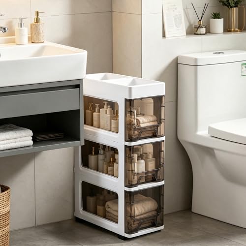 3 Drawer Storage Organizer, Narrow Slim Plastic Storage Drawer Cart with 4 Wheels, 3 Tier Space Saving Storage Tower Box, Narrow Storage Cart for Small Space Bedroom Bathroom Kitchen Pantry Office