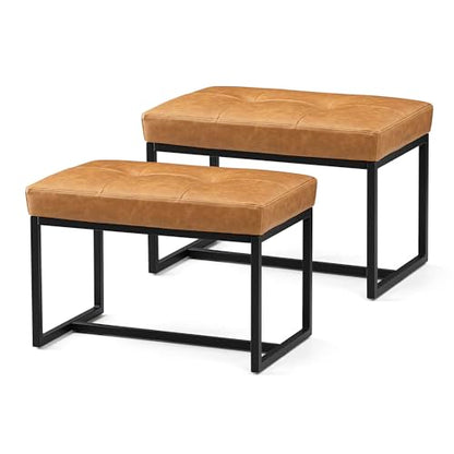 Glitzhome Ottoman Bench Pack of 2, Modern PU Leather Vanity Stools Chairs with Metal Frame, Makeup Stool Padded Foot Rest Stool for Living Room Vanity, Entryway, Bathroom,Light Brown - color: Light Brown, Pack of 2