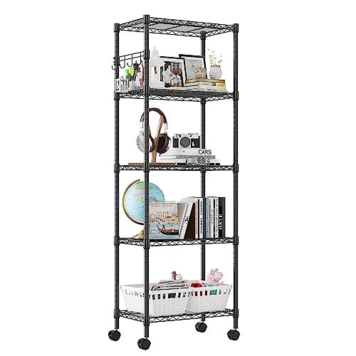 Homdox 5 Tier Wire Shelving Unit on Wheels, Adjustable Storage Racks and Shelving, Heavy Duty Rolling Metal Shelves with Side Hooks for Laundry Bathroom Kitchen Garage Pantry Organization, Black - color: Black, size: 23.23*13.78*72.05 inch