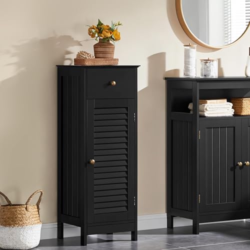 Yaheetech Small Bathroom Storage Cabinet with Drawer & Louvered Door, Black | Slim Free Standing Floor Cabinet Organizer by a Pedestal Sink or Toilet, Hides Tissue and Towels, Shelf inside, MDF Build