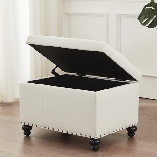 Zihanhome Small Storage Ottoman, Tufted Ottoman Foot Rest, Foot Stools, 24" Upholstered Rectangle Bench with Solid Wood Legs for Living Room, Bedroom, Dorms and Apartments (White) - color: White
