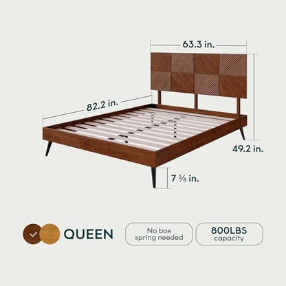Bme Rhombus Queen Bed Frame – Solid Rubber Wood with Geometric Rhombus Headboard, Walnut Finish, Scandinavian Modern Platform Bed with Sturdy Slats & Metal Legs, No Box Spring Needed - color: Walnut, size: Queen, style: Scandinavian