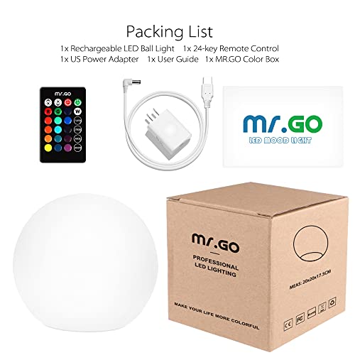 Mr.Go 8-inch Ultra-Fun LED Glowing Ball Light w/Remote, RGB Color Changing Globe Mood Lamp, 16 Colors 8 Brightness 4 Lighting Modes, Waterproof, Rechargeable & AC Adapter Power, Stunning Light Orb - color: Ball 8"