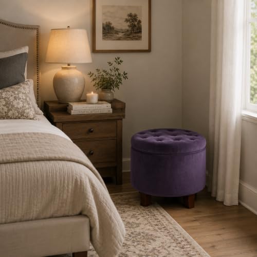 HomePop 19" Velvet Button Tufted Round Storage Ottoman - Deep Purple - color: Purple