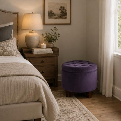 HomePop 19" Velvet Button Tufted Round Storage Ottoman - Deep Purple - color: Purple
