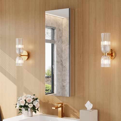 12" x 36" Bathroom Medicine Cabinet with Mirror, Recessed or Wall Mount | Medicine Cabinets with Adjustable Glass Shelves, Soft-Closed Hinge, Chrome Aluminum Frame, Reverse Installation - size: 12" x 36"
