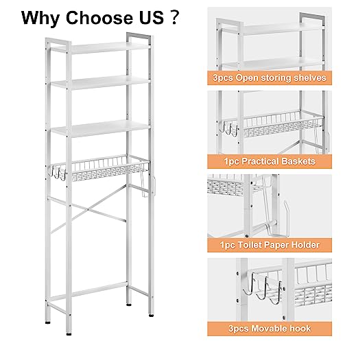 Kalrin Over-The-Toilet Storage Rack, 4-Tier Bathroom Organizer Shelf Over Toilet with Adjustable Shelf and Basket, Freestanding Space Saver Bathroom Shelves Above Toilet for Room (Pure White) - color: Pure White