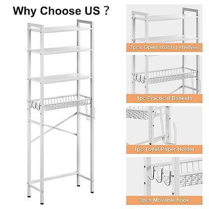 Kalrin Over-The-Toilet Storage Rack, 4-Tier Bathroom Organizer Shelf Over Toilet with Adjustable Shelf and Basket, Freestanding Space Saver Bathroom Shelves Above Toilet for Room (Pure White) - color: Pure White
