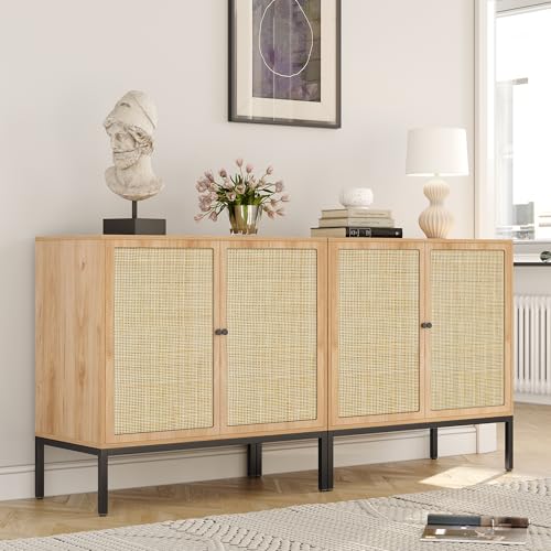 Set of 2 63" Sideboard Cabinet with Natural Rattan Doors, Buffet Console & Accent Cabinet, Rattan Credenza Storage with Metal Legs for Living Room, Kitchen, Dining Room - color: Natural, size: Square-2 pcs