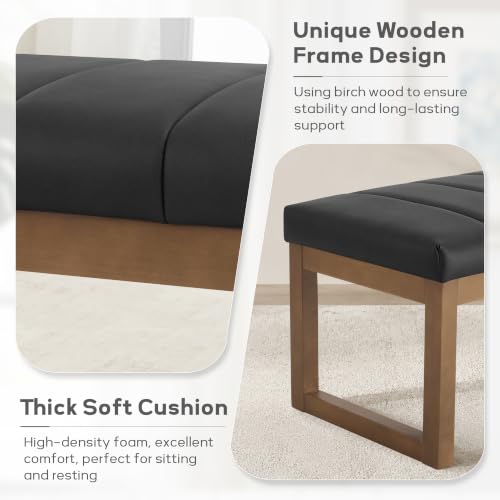 52.7" Bedroom Bench for End of Bed, Faux Leather Entryway Bench (Black-PU) | Modern Upholstered Dining Bench & Footrest Stool Bench with Solid Wood Frame for Bedroom, Living Room - color: Black-pu