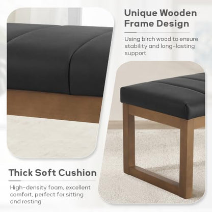 52.7" Bedroom Bench for End of Bed, Faux Leather Entryway Bench (Black-PU) | Modern Upholstered Dining Bench & Footrest Stool Bench with Solid Wood Frame for Bedroom, Living Room - color: Black-pu