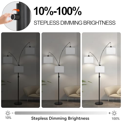 Dimmable Floor Lamp - 3 Lights Arc Floor Lamps for Living Room,Modern Tall Standing Tree Lamp with White Drum Linen Shade & Heavy Base,Mid Century Floor Lamp for Bedroom Corner Office,Bulbs Included - size: G