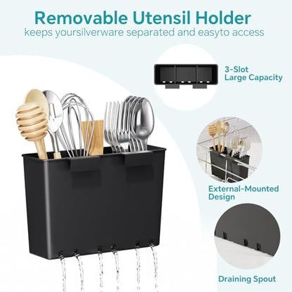 Simple Trending Dish Drying Rack in Sink with Utensil & Cup Holder | Expandable Dish Rack Over The Sink, Stainless Steel Dish Drainer for Small Kitchen, Space Saving, Non-Slip Feet, Fast Drain - size: Stainless Steel