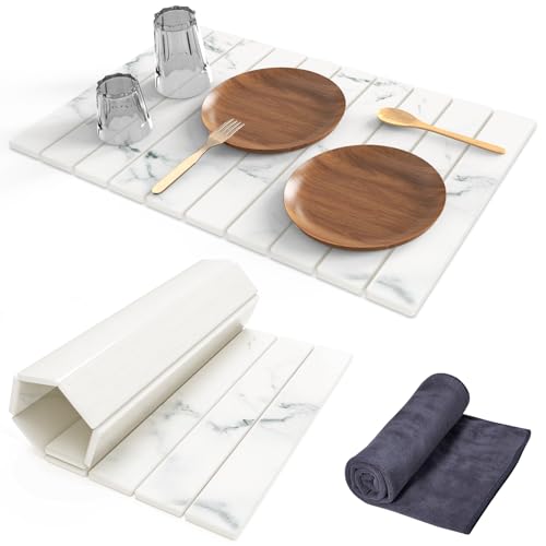 Stone Dish Drying Mat for Kitchen Counter,24"(L)×16"(W) Collapsible Fast-Drying Diatomaceous Earth Mats with Towel Sanding Tool,Versatile Stone Drying Mats for Cups Dishes Bottles - color: Marble-White, size: 24"L x 16"W