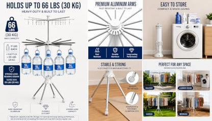 Foldable Clothes Drying Rack, Rotating Aluminum Laundry Rack, Portable Stand