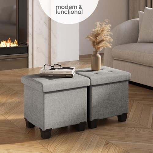 Storage Ottoman Cube with Small Bin, 15-in Square Ottoman with Storage for Living Room and Bedroom, Small Ottomans Foot Rest, Fabric Foot Stools Ottomans Max 330lbs, Light Grey - color: 01 - Light Grey