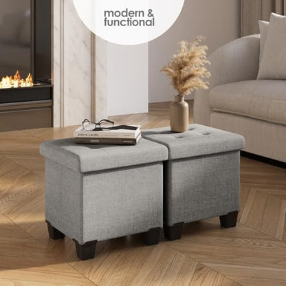Storage Ottoman Cube with Small Bin, 15-in Square Ottoman with Storage for Living Room and Bedroom, Small Ottomans Foot Rest, Fabric Foot Stools Ottomans Max 330lbs, Light Grey - color: 01 - Light Grey
