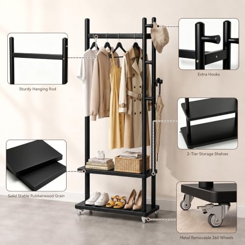 Coat Rack Solid Wood Stand Storage 2 Shelves 4 Hooks Black | Entryway hallway bedroom office, durable wood construction, freestanding design, coats hats bags storage - size: Black -S:18.9''D x 13''W x 71''H (With Wheels）