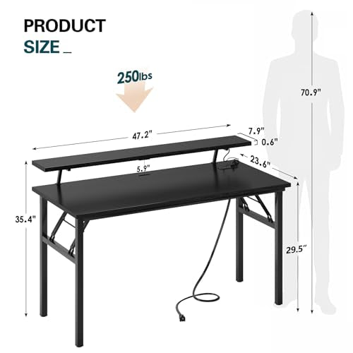 DlandHome 47" Computer Desk with Power Outlets & LED Lights, Black, Bedroom | Folding Desk with Monitor Stand, Writing Study Table Gaming Desk, Metal Frame, Fully Assembled, Home Office Small Spaces - color: Black + Black, size: 47 Inches + Outlets