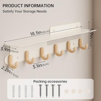 Wall Hooks with 22'' Shelf Coat Rack Wall Mount with 6 Hooks Entryway Hanging Shelf with Storage for Bathroom, Living Room, Bedroom, Modern Floating Wall Shelves with Hooks (Cream White)