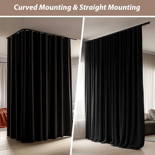 Room Divider Curtains with Ceiling Curtain Track Set Window Curtain for Bedroom,Living Room Total Blackout Thermal Insulated Privacy Ceiling Track Curtain W 9 × H 7 FT Black drape&Black track - color: Black, size: 108"W x 84"L (Pack of 1)