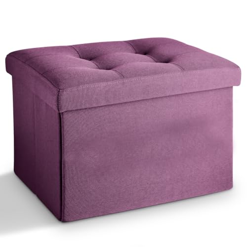 LINMAGCO Storage Ottoman Folding Foot Stool Foot Rest with Side Pocket Modern Ottoman with Storage Short Sofa Stool Linen Cloth 17x13x13(Purple)