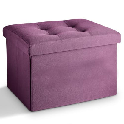 LINMAGCO Storage Ottoman Folding Foot Stool Foot Rest with Side Pocket Modern Ottoman with Storage Short Sofa Stool Linen Cloth 17x13x13(Purple)
